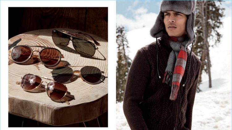 Left: Sunglasses from Ray-Ban, Dita, Eyevan 7285, and Garrett Leight: Right: Geron McKinley is a winter vision in Inis Meain, Pologeorgis, and Johnstons of Elgin.