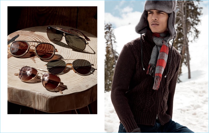 Left: Sunglasses from Ray-Ban, Dita, Eyevan 7285, and Garrett Leight: Right: Geron McKinley is a winter vision in Inis Meain, Pologeorgis, and Johnstons of Elgin.