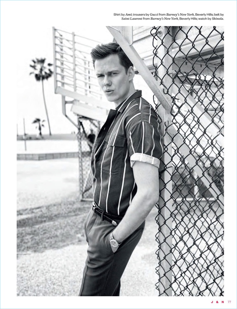 Connecting with Jocks & Nerds, Bill Skarsgård wears an AMI shirt with Gucci trousers and a Saint Laurent belt.