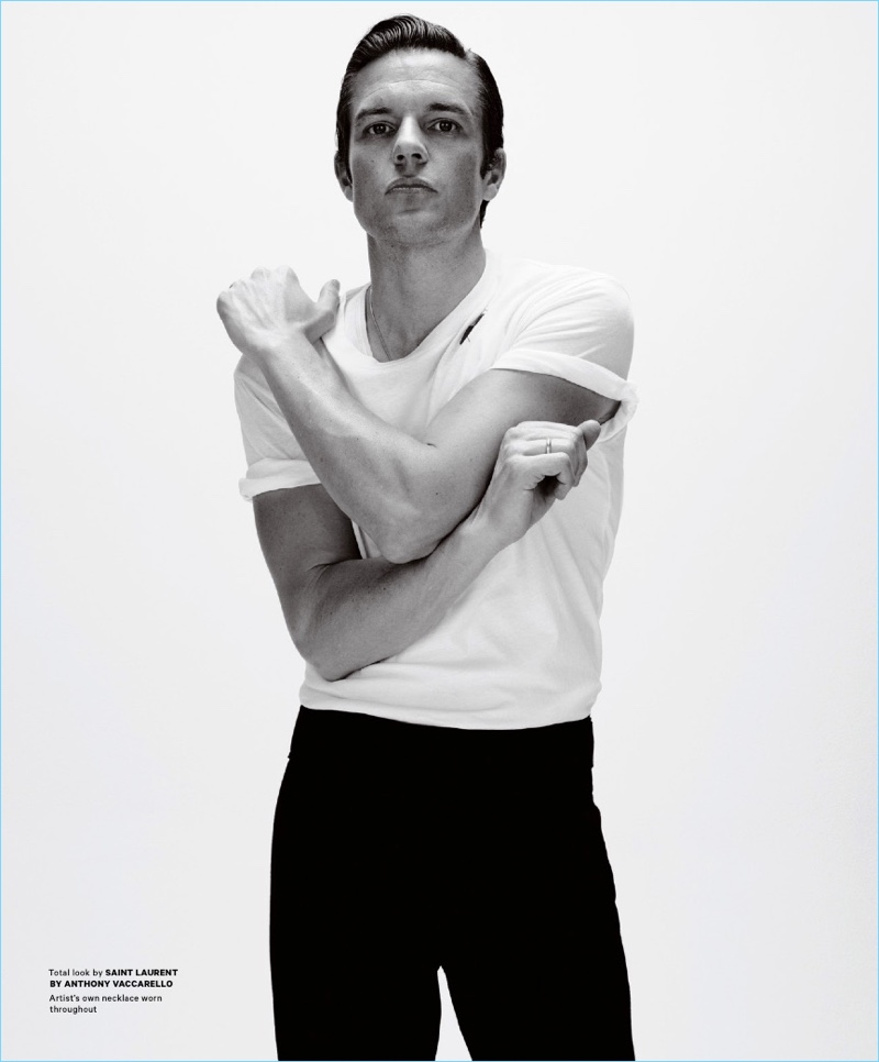 Connecting with Essential Homme, Brandon Flowers wears Saint Laurent.