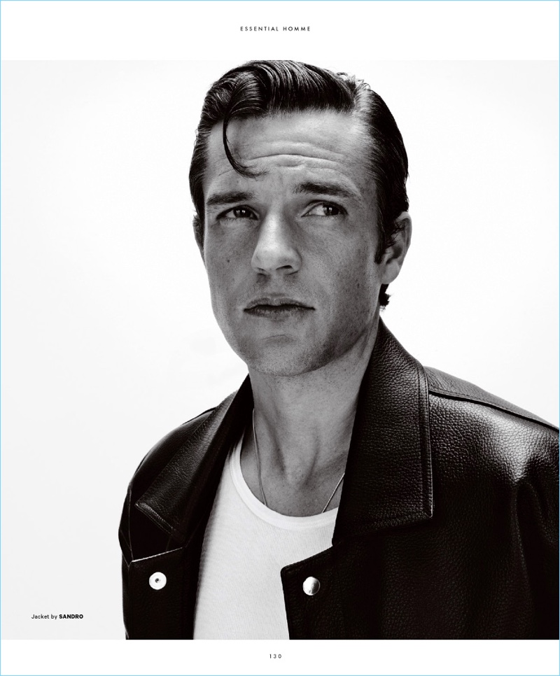 Channeling his inner bad boy, Brandon Flowers rocks a Sandro leather biker jacket.