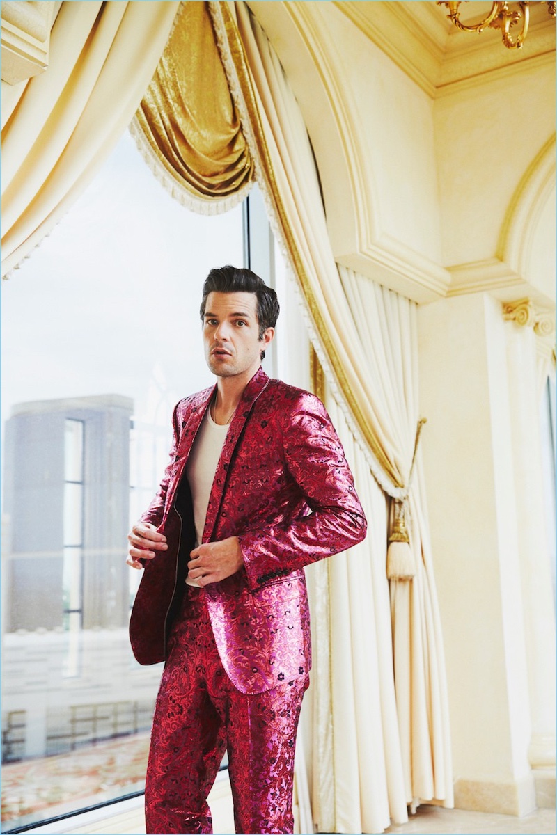 The Killers frontman Brandon Flowers wears a decadent suit from Dolce & Gabbana.
