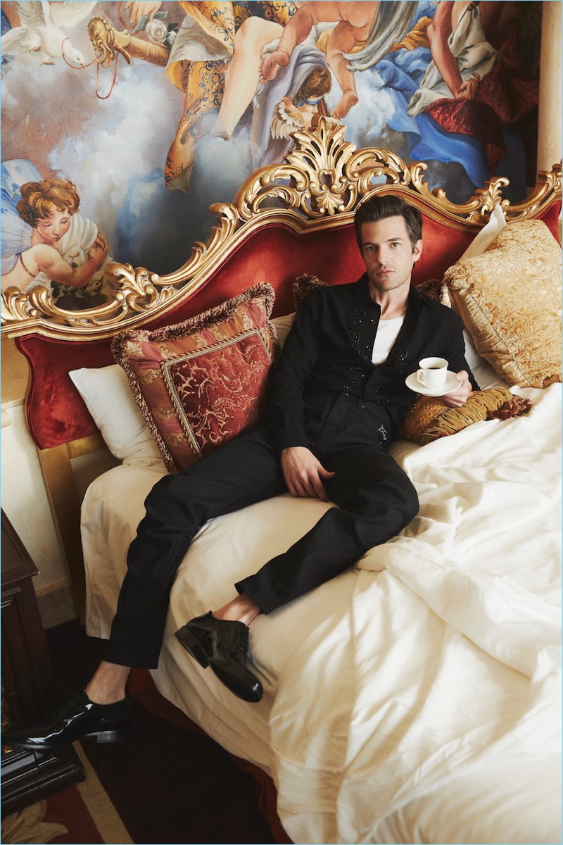 Relaxing in bed, Brandon Flowers wears a black look by Saint Laurent with a Hanes tank. » Brandon Flowers Stars in Paper Magazine Shoot, Talks Spirit of Las Vegas Relaxing in bed, Brandon Flowers wears a black look by Saint Laurent with a Hanes tank.