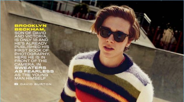 Brooklyn Beckham Rocks Fall Sweaters for GQ Shoot Going skateboarding, Brooklyn Beckham sports a striped Saint Laurent sweater with Citizens of Humanity jeans, and Victoria Beckham sunglasses.