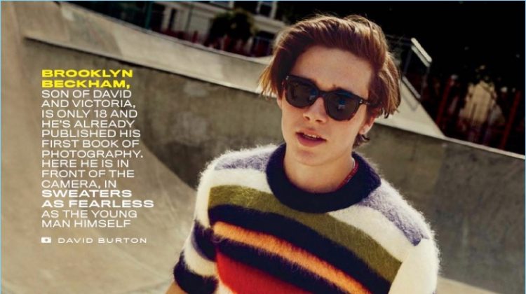 Going skateboarding, Brooklyn Beckham sports a striped Saint Laurent sweater with Citizens of Humanity jeans, and Victoria Beckham sunglasses.