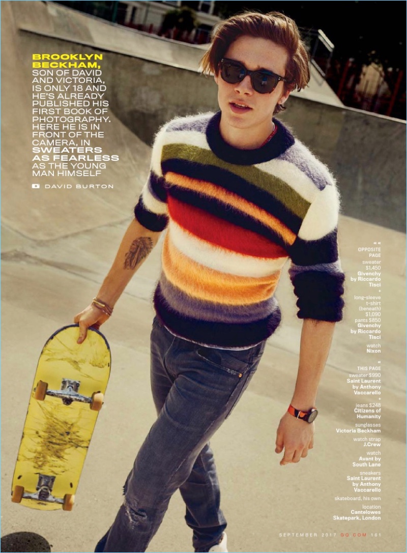 Going skateboarding, Brooklyn Beckham sports a striped Saint Laurent sweater with Citizens of Humanity jeans, and Victoria Beckham sunglasses.