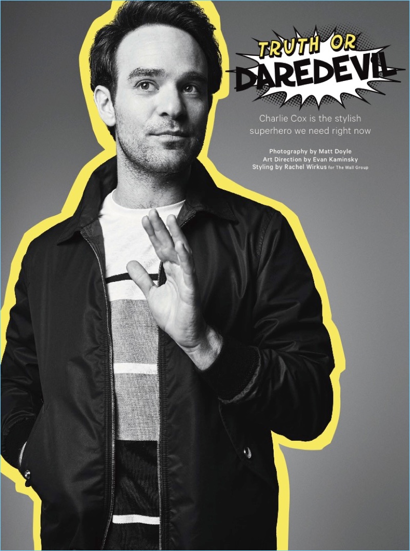 Charlie Cox wears a jacket and t-shirt by Burberry.
