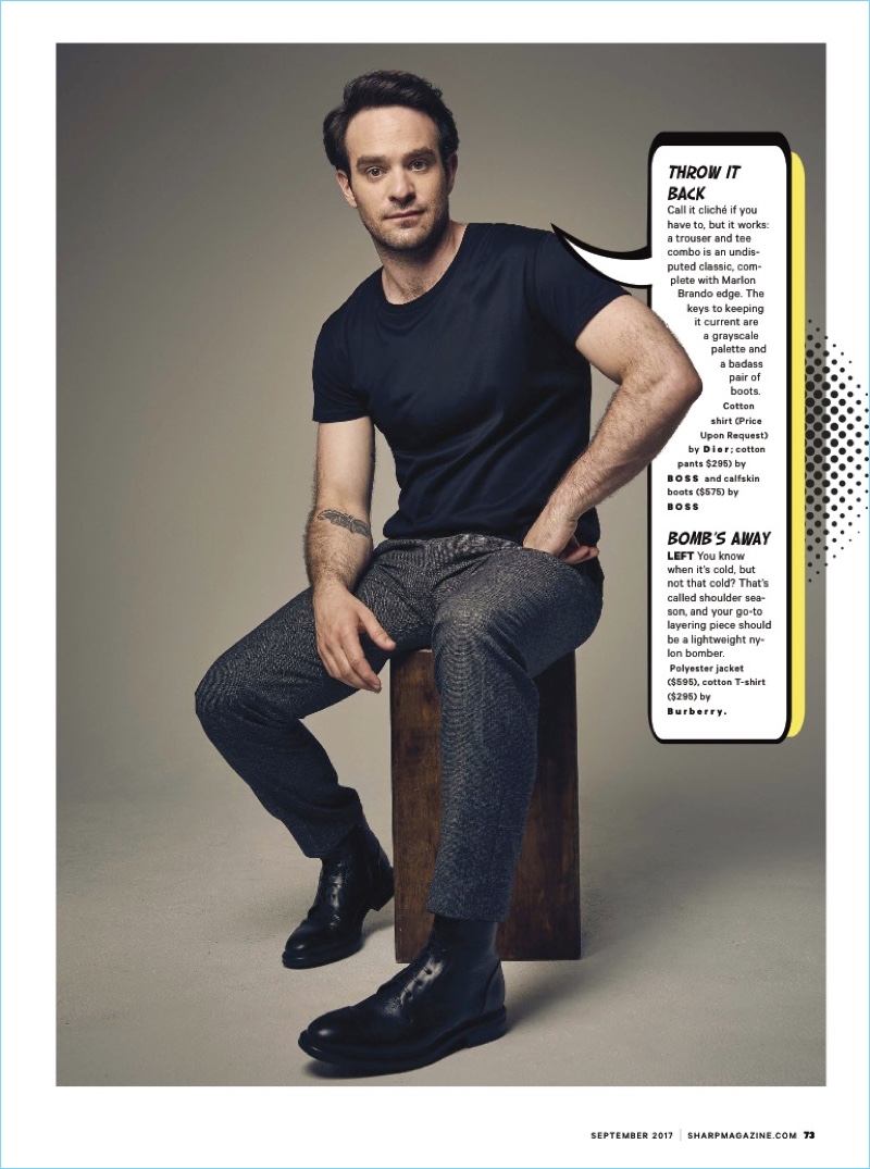 Starring in a Sharp shoot, Charlie Cox sports a Dior t-shirt with BOSS pants and leather boots.