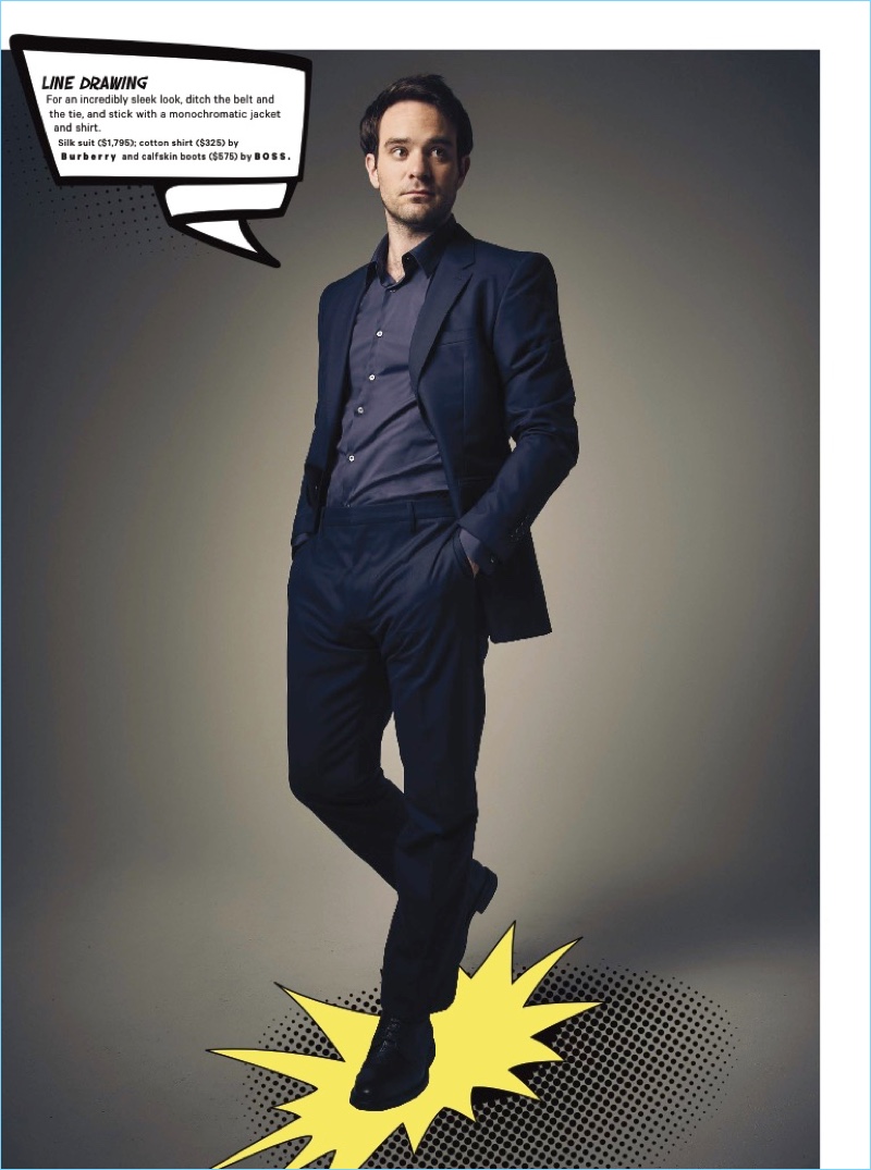 Suiting up, Charlie Cox dons a Burberry number with BOSS leather boots.