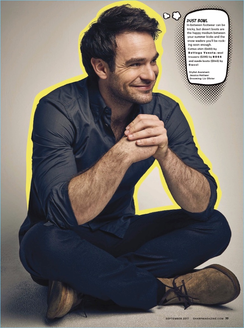 All smiles, Charlie Cox wears a Bottega Veneta shirt with Gucci chukka boots and BOSS wool trousers.
