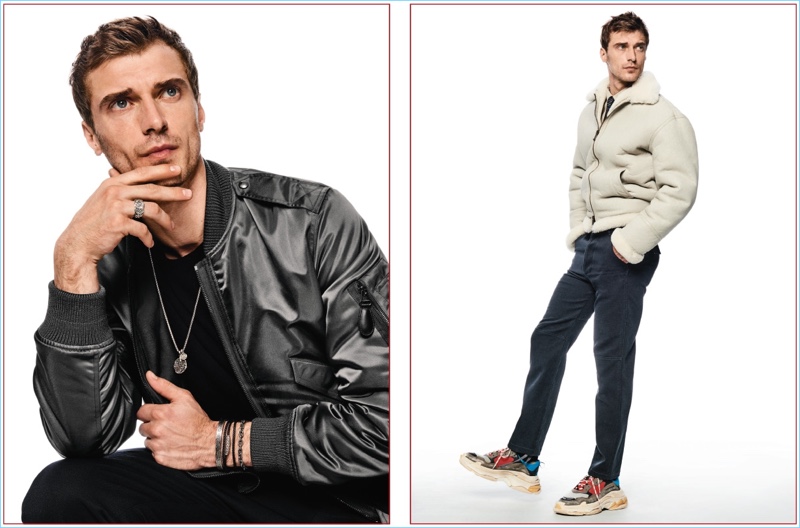 Left: Putting the focus on accessories, Clément Chabernaud rocks David Yurman. Right: Clément takes to the studio set in a look from Balenciaga.