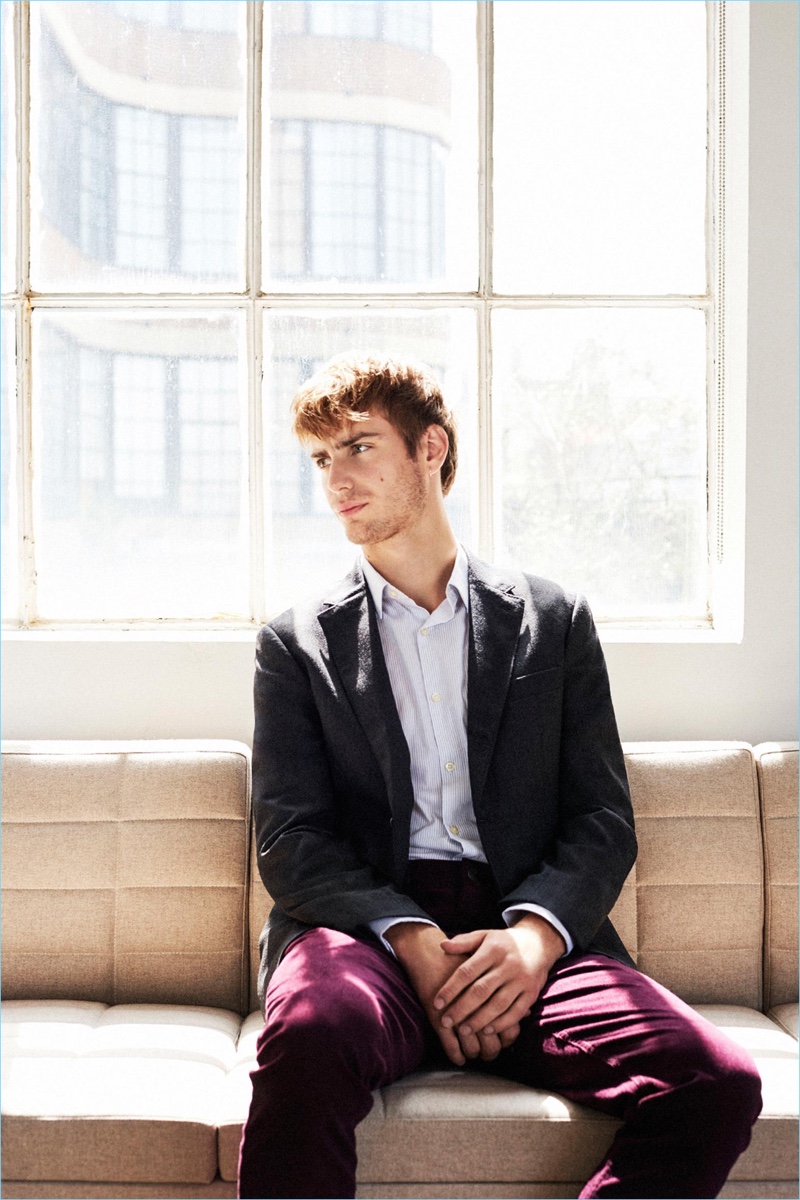 A sophisticated vision, Ben Allen models a Club Monaco blazer with a flannel twill shirt and corduroy pants.