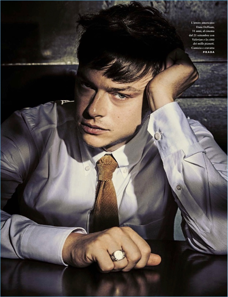 Actor Dane DeHaan sports a shirt and corduroy tie by Prada.