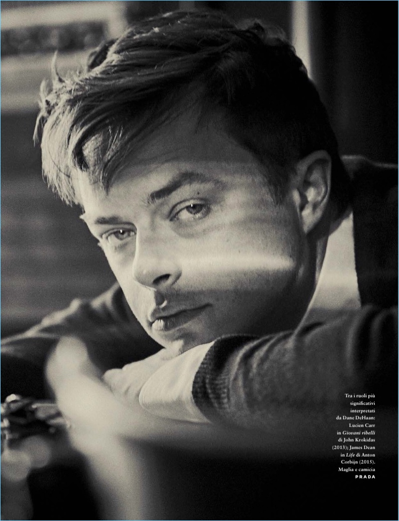 Appearing in a black and white image, Dane DeHaan wears Prada.