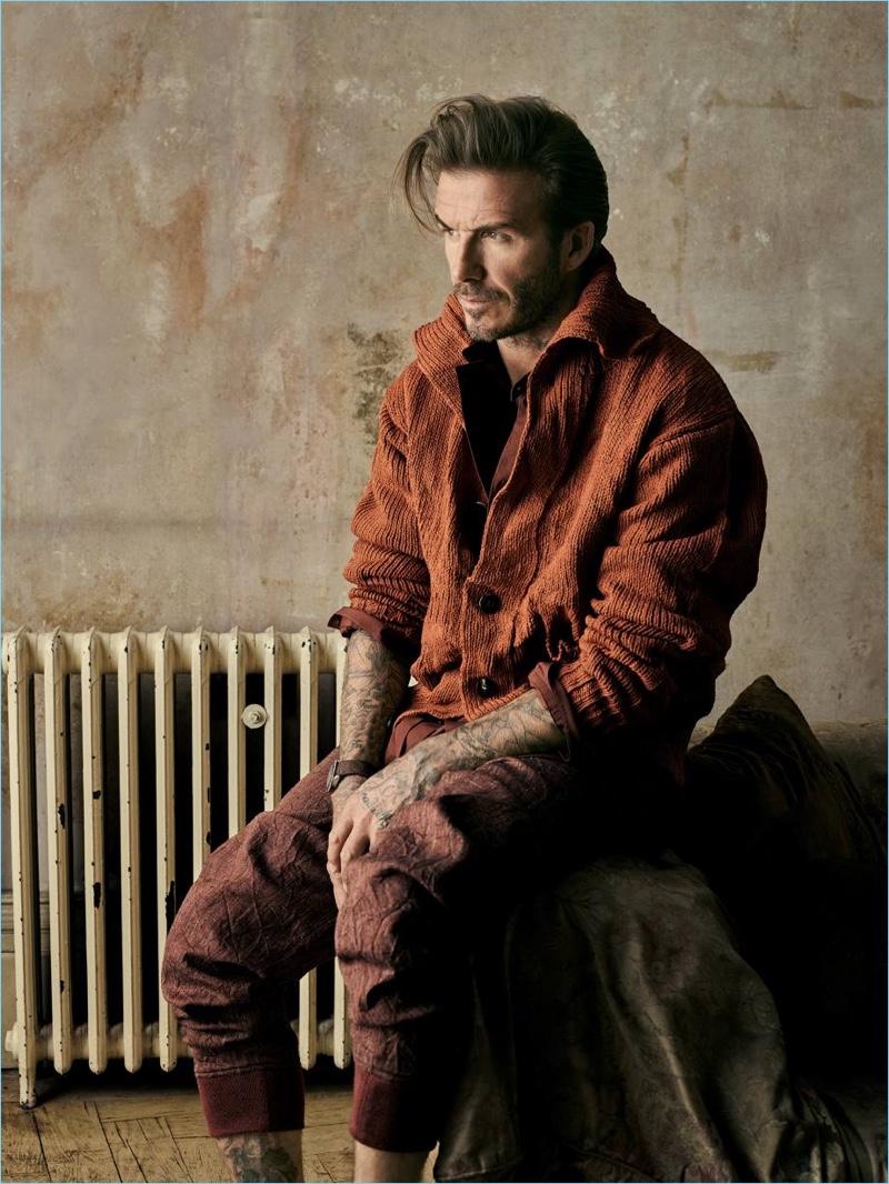 Connecting with How to Spend It, David Beckham rocks an Issey Miyake cardigan and pants with a Joseph shirt.