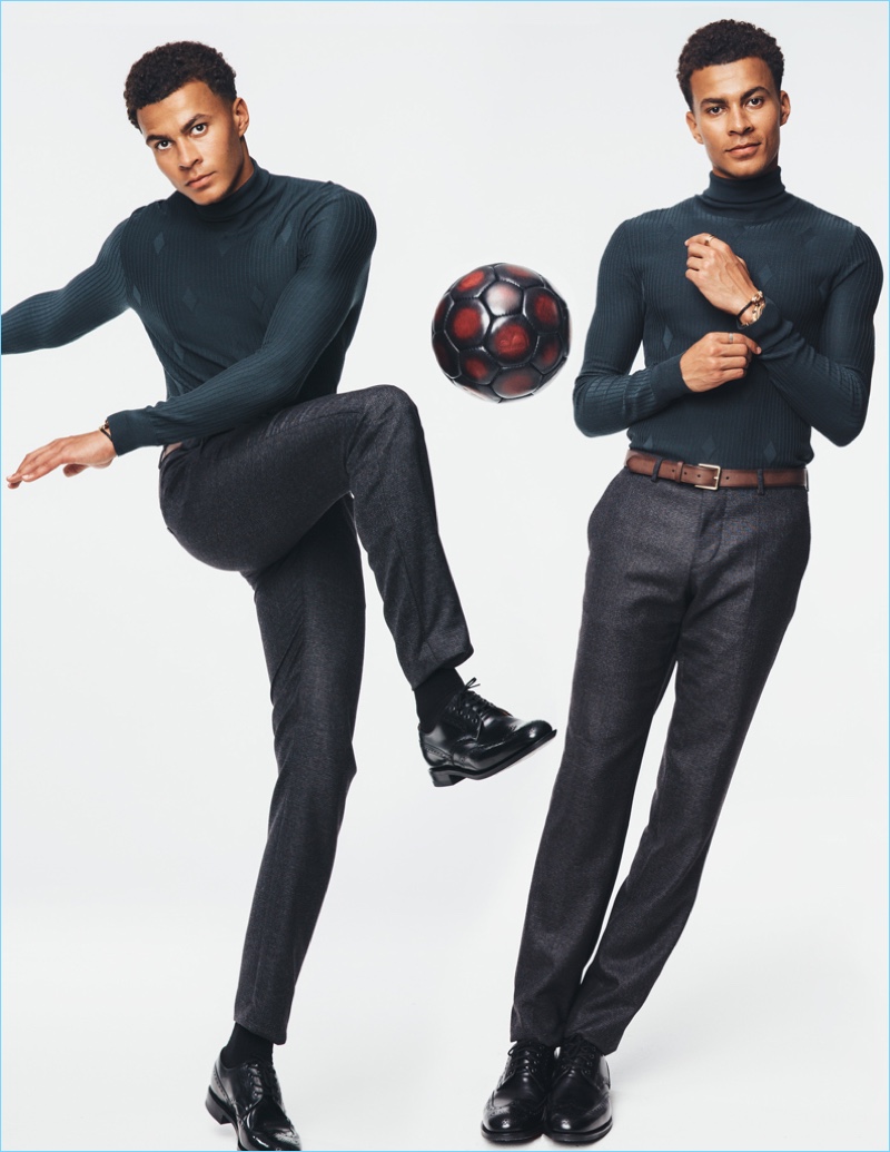 Making a case for the turtleneck, Dele Alli dons a Hermès turtlneck with BOSS trousers and a Paul Smith belt.