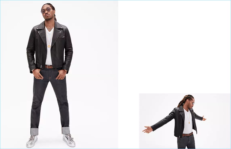 Future sports a leather biker jacket, white v-neck, and dark wash jeans for Gap's new campaign.