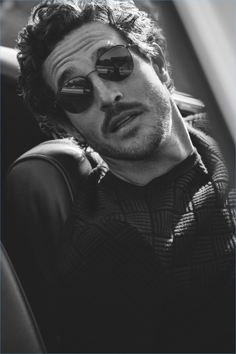 Sporting modern shades, Justice Joslin stars in Giorgio Armani's Frames of Life campaign.