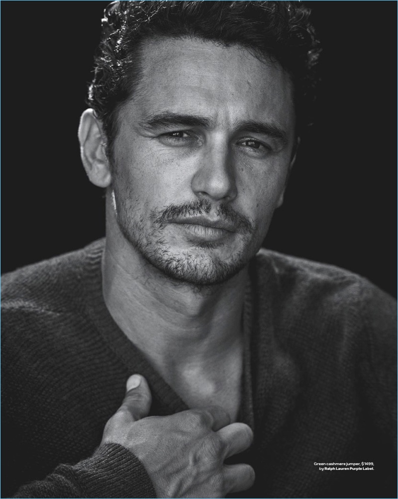 Sitting for a black and white image, James Franco wears a Ralph Lauren Purple Label sweater.