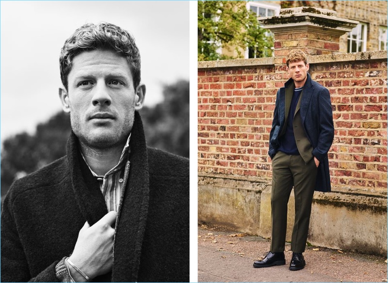 Left: James Norton dons a MP Massimo Piombo coat with a Dries Van Noten tweed blazer. His look comes together with an Acne Studios shirt and Le Gramme silver cuff. Right: Norton wears an Ermenegildo Zegna overcoat with a Joseph suit. The actor also rocks a Prada t-shirt and AMI derby shoes.
