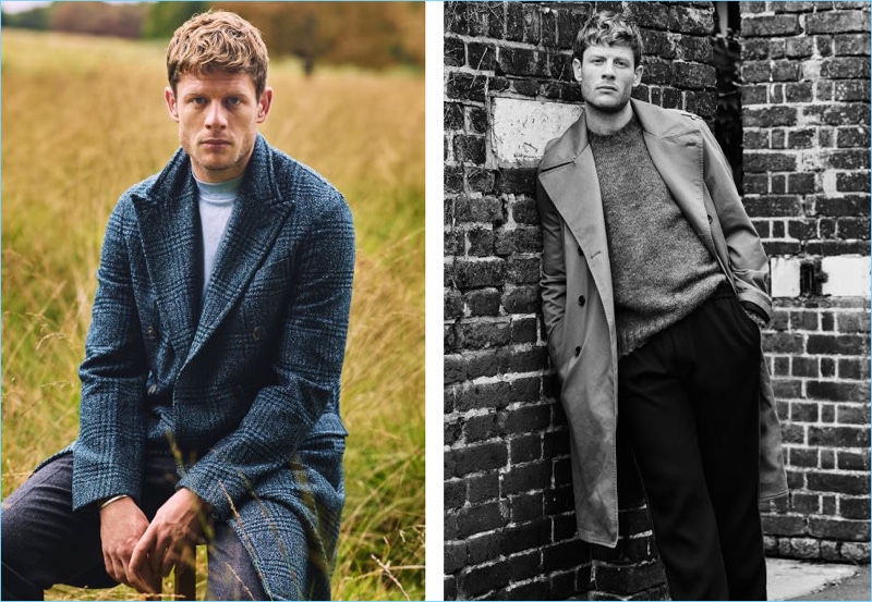 Left: James Norton dons a Boglioli coat with a Lanvin t-shirt and Prada trousers. Right: A sleek vision, James Norton wears a Joseph raincoat with an Alexander McQueen sweater and trousers.