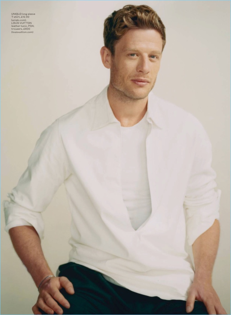 Actor James Norton wears a white UNIQLO t-shirt with a tunic and trousers by Louis Vuitton.