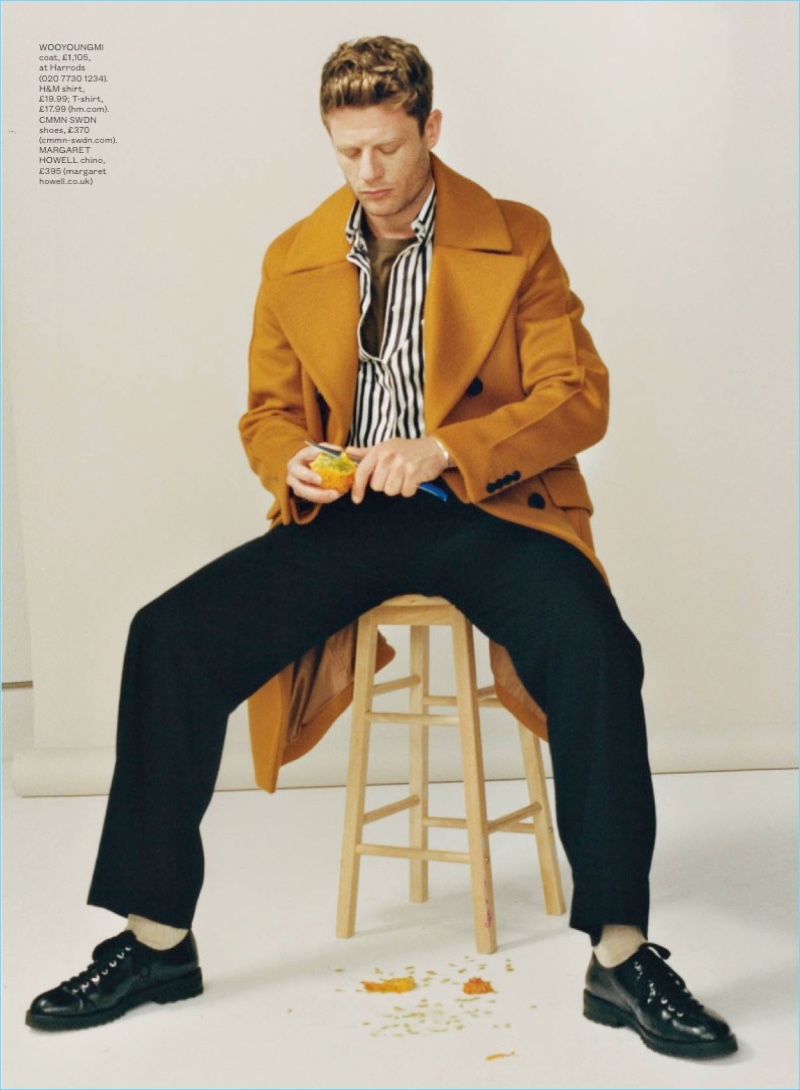 Connecting with ES magazine, James Norton wears a Wooyoungmi coat with a H&M shirt and t-shirt. He also sports CMMN SWDN shoes and Margaret Howell chino pants.