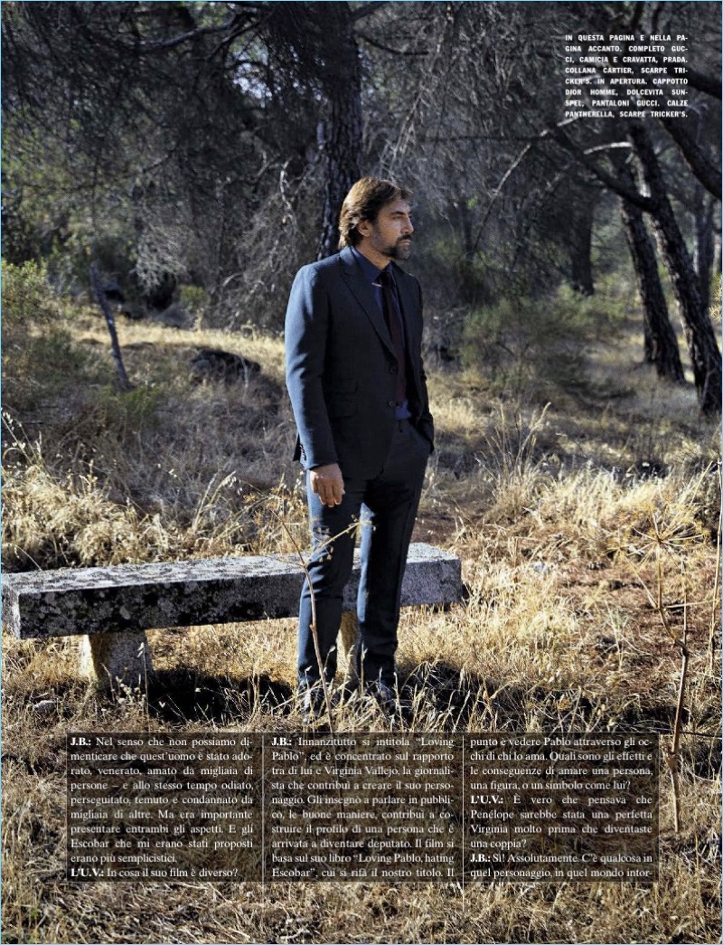 Actor Javier Bardem dons a Gucci suit with a Prada shirt and tie.