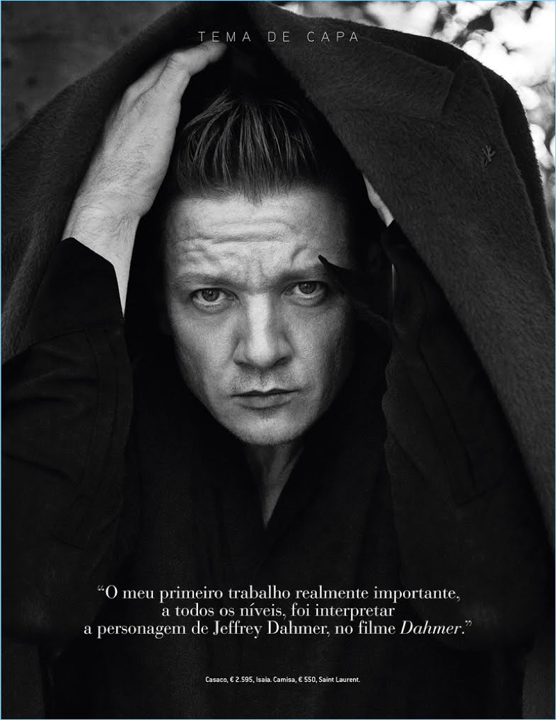 Actor Jeremy Renner wears an ISAIA coat with a Saint Laurent shirt for GQ Portugal.