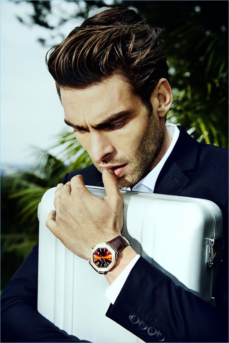 Model Jon Kortajarena appears in a photo shoot image for BVLGARI.