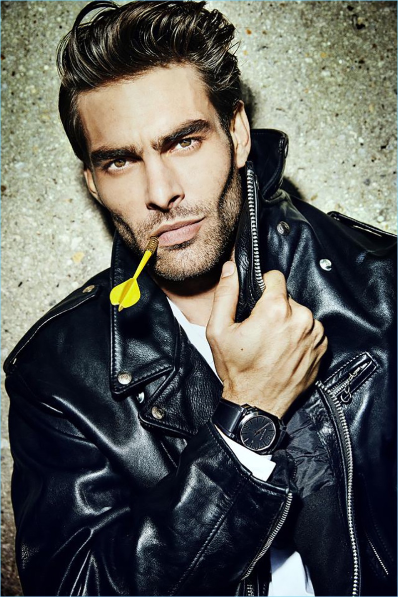 Rocking a leather biker jacket, Jon Kortajarena appears in an image for BVLGARI.