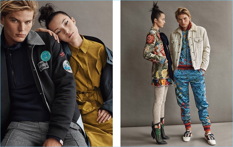Left: Appearing in a photo shoot with Xiao Wen Ju, Jordan Barrett wears Kenzo. Right: Jordan sports a Gucci shearling jacket and tracksuit.