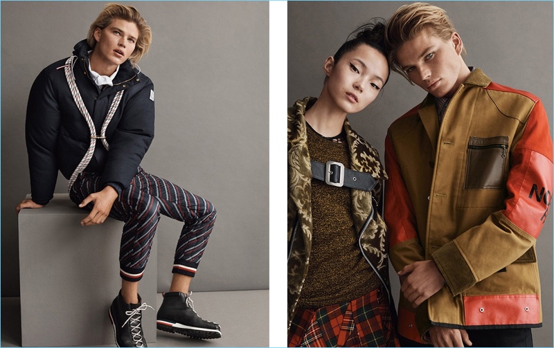 Left: Jordan Barrett wears a look from Moncler Gamme Bleu. Right: The Australian model wears a jacket from Junya Watanabe x The North Face.