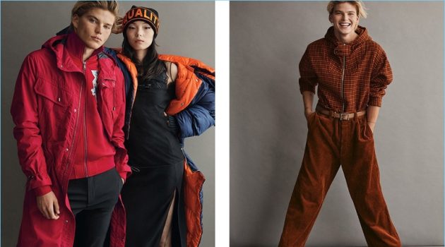 Left: Embracing red, Jordan Barrett wears Versace. Right: Jordan wears wool and corduroy fashions by Marni.