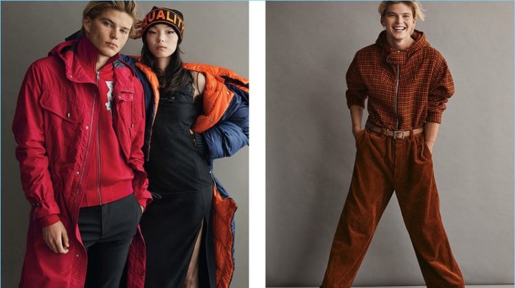 Left: Embracing red, Jordan Barrett wears Versace. Right: Jordan wears wool and corduroy fashions by Marni.