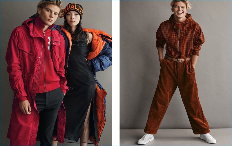 Left: Embracing red, Jordan Barrett wears Versace. Right: Jordan wears wool and corduroy fashions by Marni.