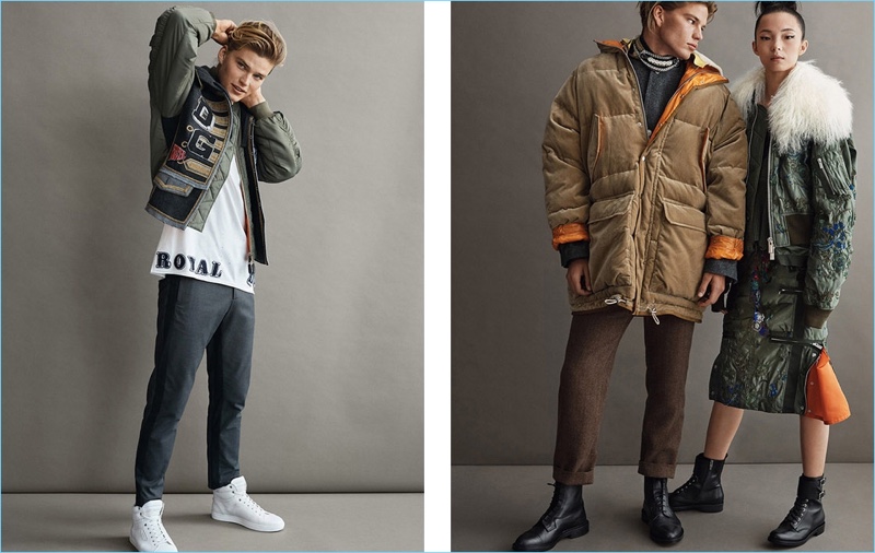 Left: All smiles, Jordan Barrett wears a Dolce & Gabbana bomber jacket. Right: Jordan rocks a down jacket and herringbone pants by Sacai.