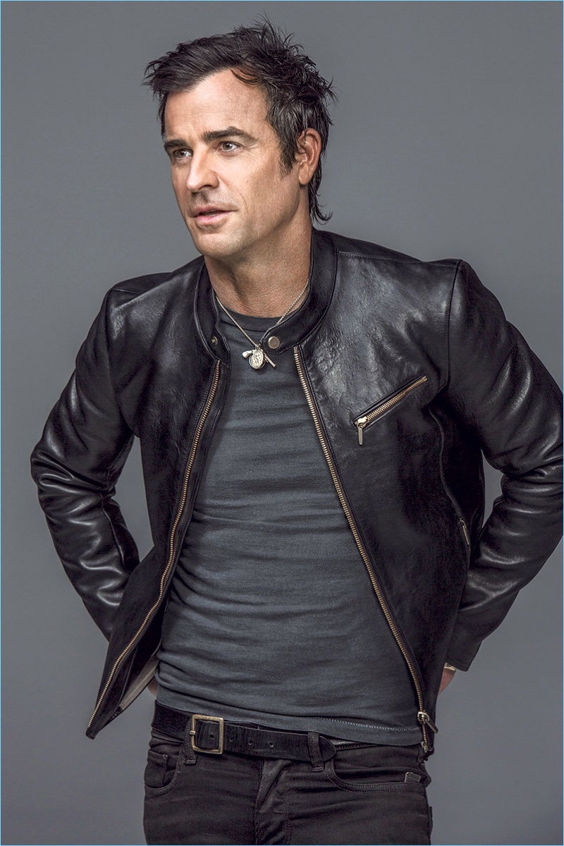 Actor Justin Theroux rocks an Ajmone leather jacket with a vintage t-shirt and belt. He also sports G-Star jeans.