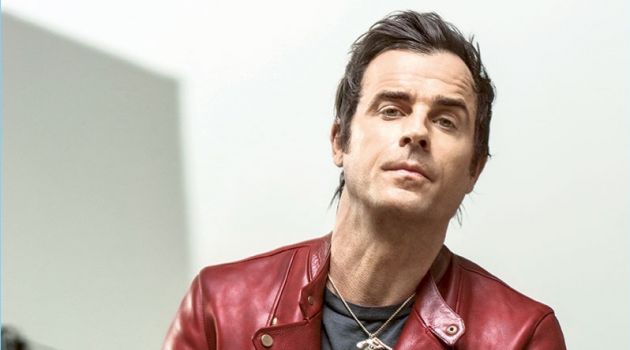 Justin Theroux Brings His Bad Boy Style to Alexa Shoot Making a statement in a red Layer-0 leather biker jacket, Justin Theroux also wears a vintage t-shirt and Nudie Jeans denim.
