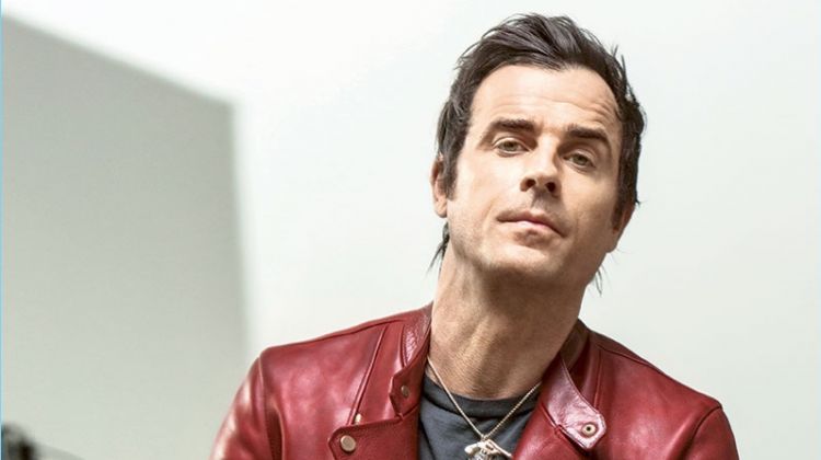 Making a statement in a red Layer-0 leather biker jacket, Justin Theroux also wears a vintage t-shirt and Nudie Jeans denim.