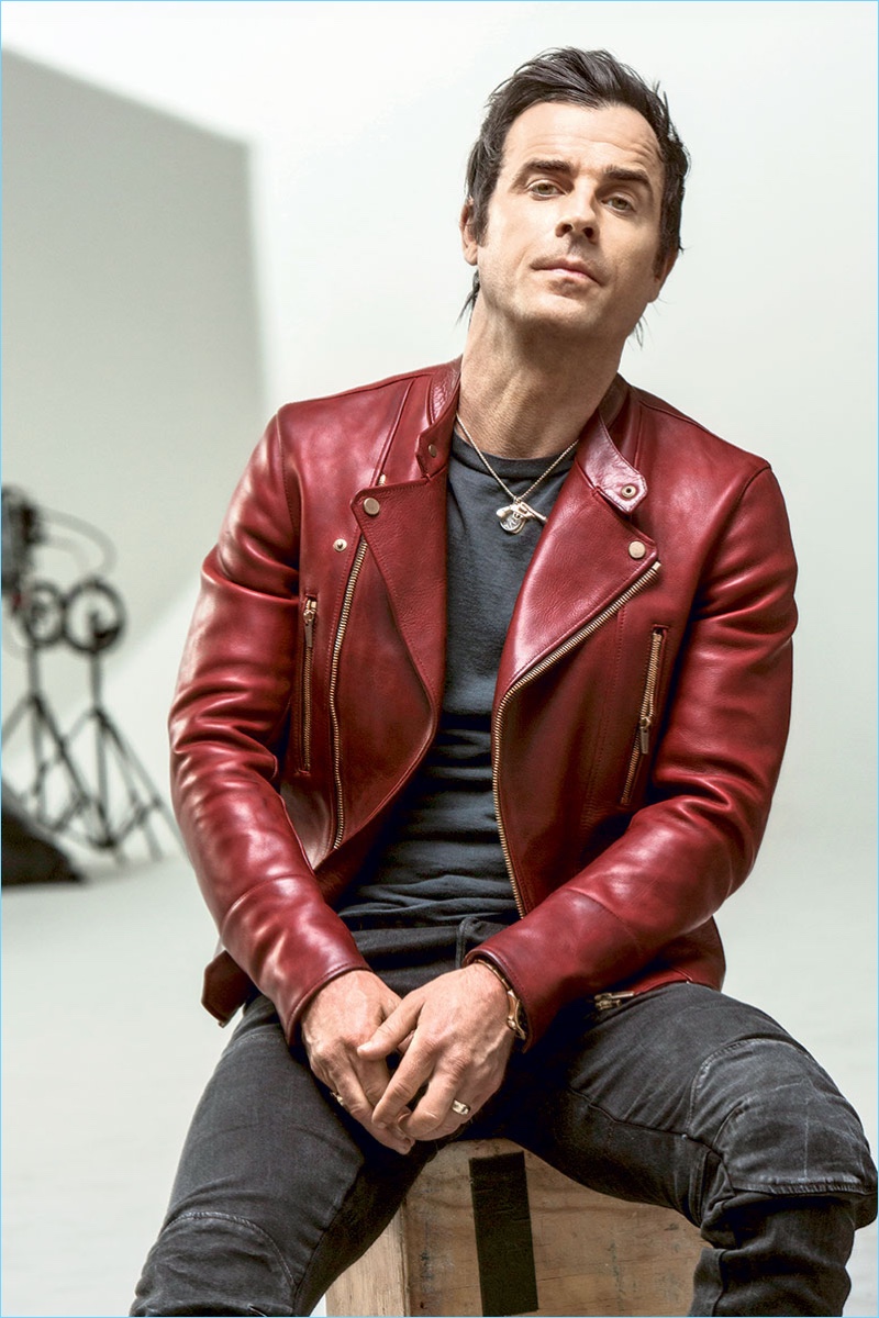 Making a statement in a red Layer-0 leather biker jacket, Justin Theroux also wears a vintage t-shirt and Nudie Jeans denim.