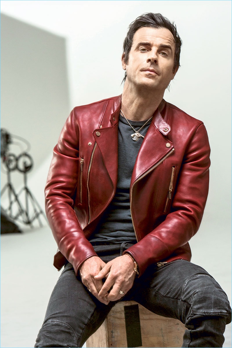 Making a statement in a red Layer-0 leather biker jacket, Justin Theroux also wears a vintage t-shirt and Nudie Jeans denim. » Justin Theroux Brings His Bad Boy Style to Alexa Shoot Making a statement in a red Layer-0 leather biker jacket, Justin Theroux also wears a vintage t-shirt and Nudie Jeans denim.