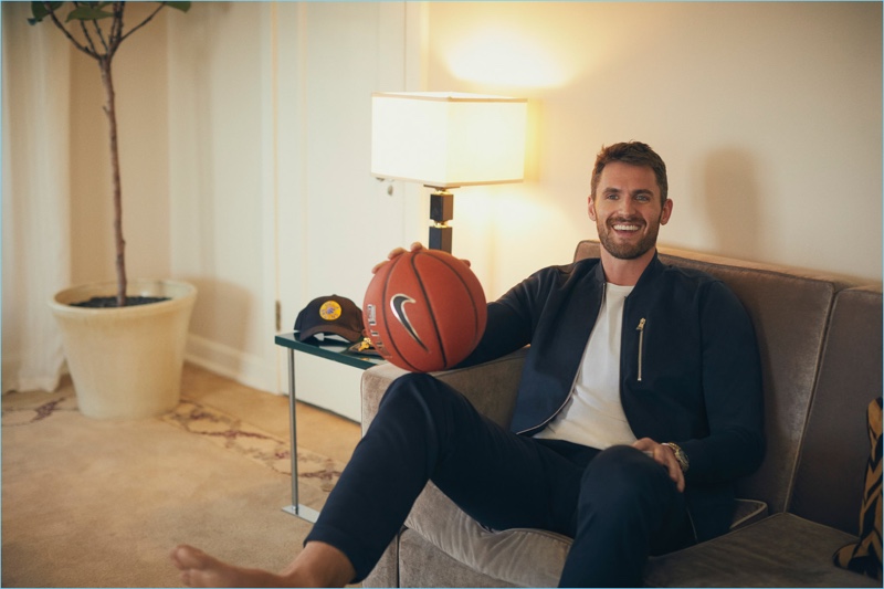 Enjoying downtime, Kevin Love appears in Banana Republic's fall-winter 2017 campaign.