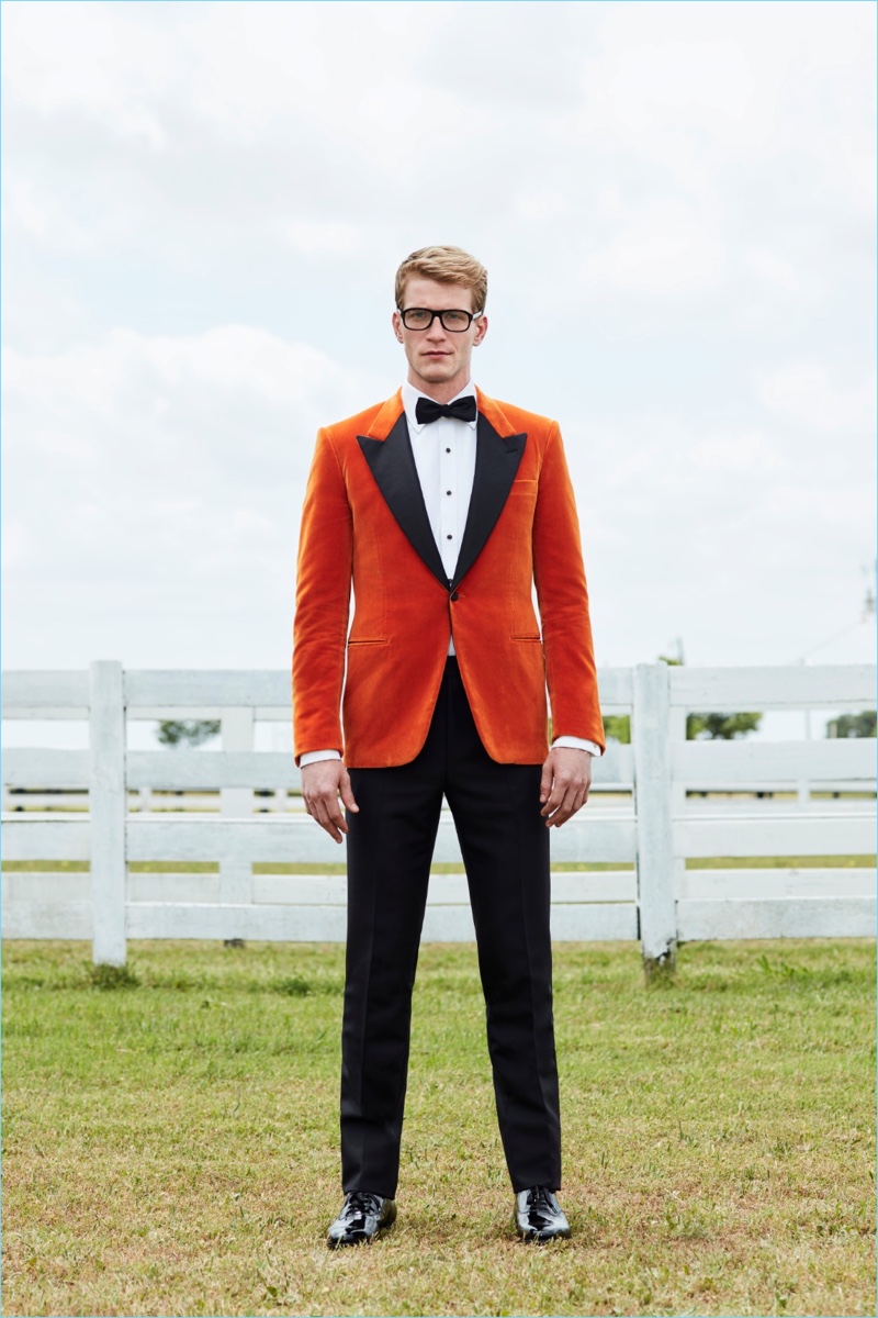 Model Jesse Shannon suits up in a look from Kingsman 2.