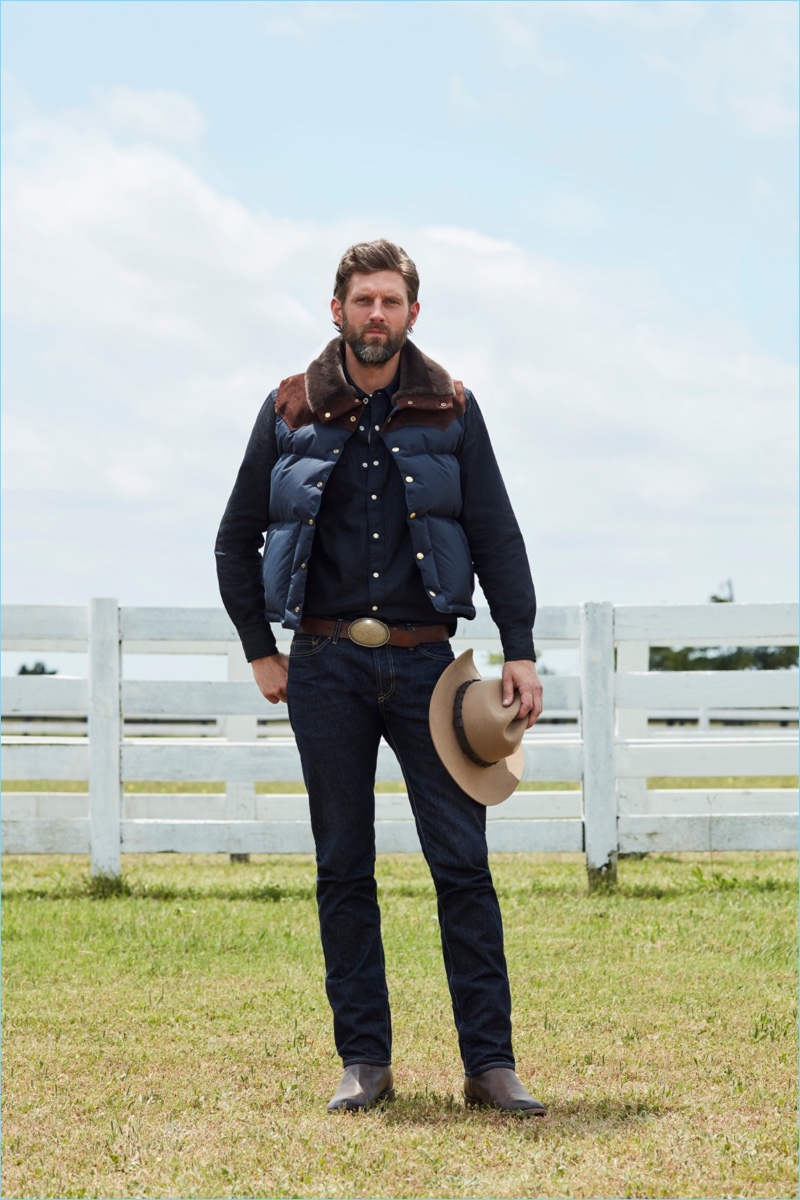 Channeling western style, RJ Rogenski wears a look from Mr Porter's new Kingsman collection.