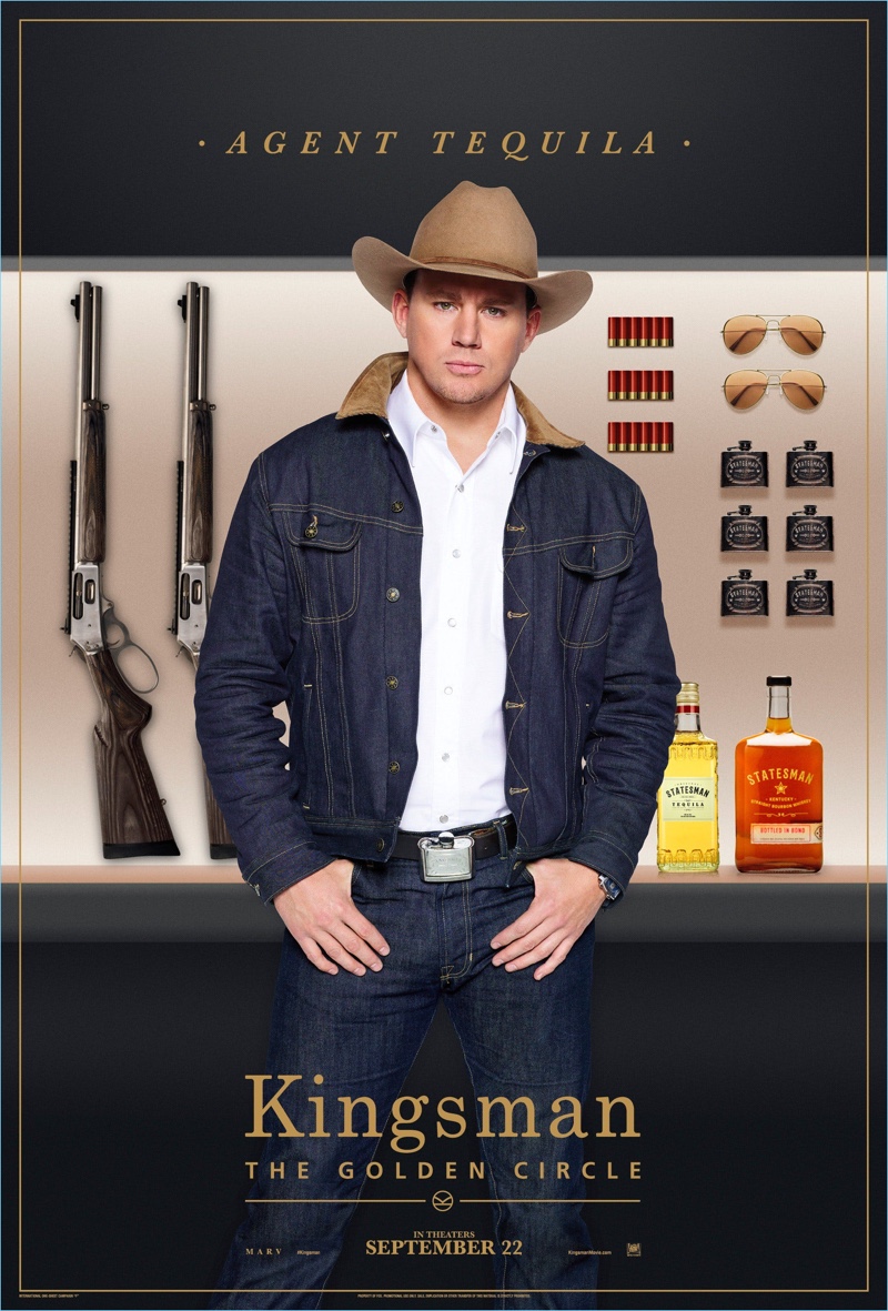 Channing Tatum joins the Kingsman world, wearing a Stetson hat $250. Stepping into the role of Agent Tequila, Tatum sports a Kingsman + Jean Shop denim jacket $450 with a Kingsman + Turnbull & Asser western shirt $425. Tatum's look is complete with Kingsman + Jean SHop selvedge denim jeans $295.