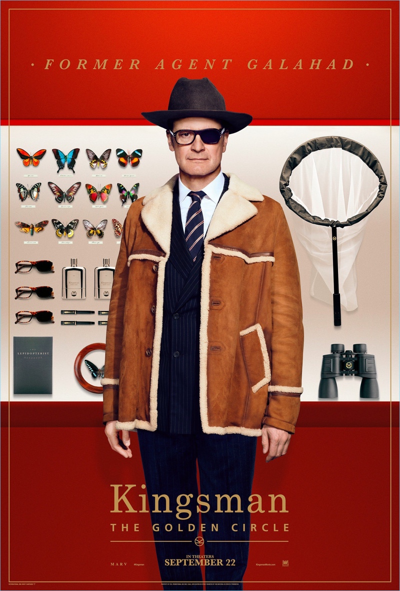 Colin Firth reprises his role as Harry Hart. Firth wears a Kingsman navy pinstriped suit $2,495 and a shearling coat $2,795. He also sports a Kingsman + Drake's striped tie $140.