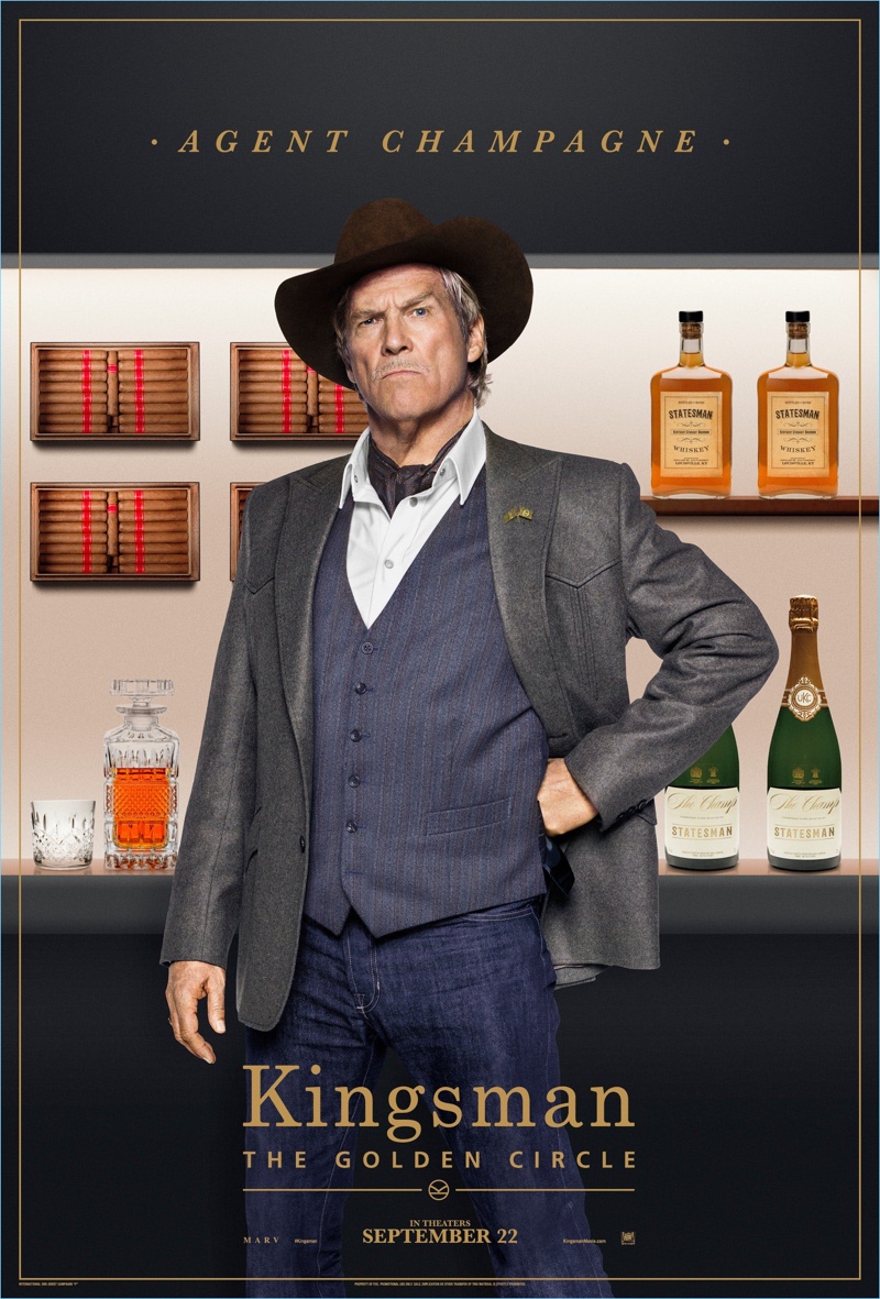 Jeff Bridges plays Agent Champagne and wears a Kingsman western jacket $1,595 with a Stetson leather-trimmed hat $250.