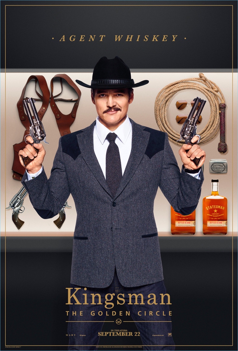 Stepping into the gun toting role of Agency Whiskey, Pedro Pascal wears a Kingsman wool blazer $1,595.