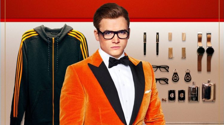 Playing Gary 'Eggsy' Unwin, Taron Egerton dons a Kingsman orange velvet tuxedo jacket $1,995, and trousers $650. Egerton also wears Kingsman + Cutler and Gross square-frame glasses $375.